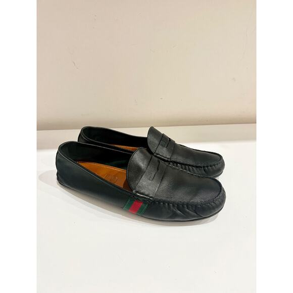 Gucci Black Leather Web Trim Slip On Moccasin Penny Loafers Black Men's Size 11 - Picture 4 of 7